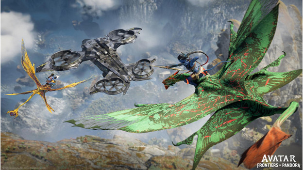 2 Na'vis flying through the sky on an ikran, shooting at a plane