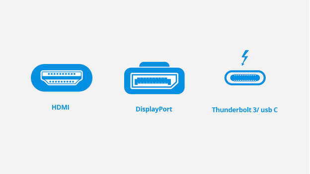 Ports HDMI, DisplayPort et Thunderbolt 3/USB-C illustrés.