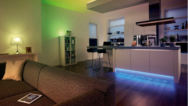 Philips Hue lighting living room green and blue