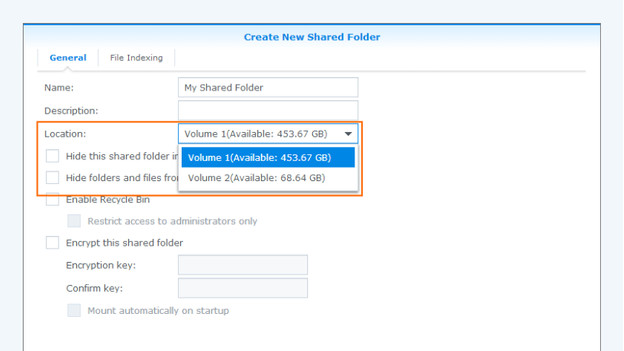 Sélection du volume dans Synology DSM pour l'attribution de votre dossier partagé
