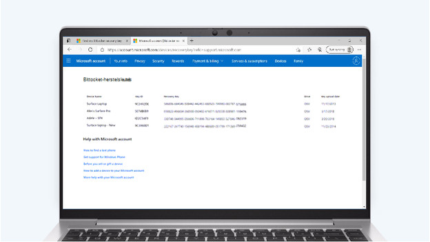 Je vindt de herstelsleutels voor je BitLocker account op de Microsoft site