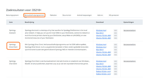 Synology Download center voor de Drive client op je pc of laptop