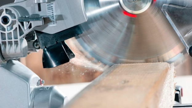 Close-up of a radial arm saw