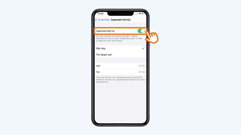 Zet 'Apparaatvrije tijd' aan en kies de dagen en de begin- en eindtijd waarop de 'Apparaatvrije tijd' ingaat.