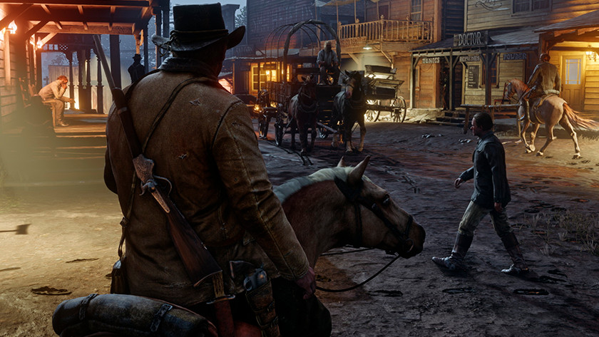 Man on horse rides into wild west village with rifle on his back in Red Dead Redemption 2.