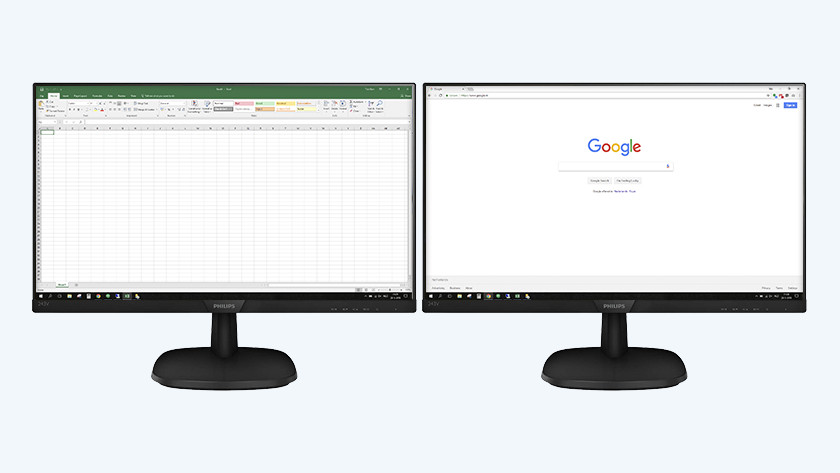 2 monitors with Microsoft Excel and Google next to each other for work and studies.