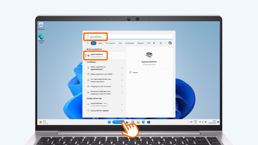 Klik op de zoekbalk en typ ‘Apparaatbeheer’.