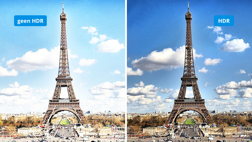 A gauche une photo de la Tour Eiffel sans capacité HDR et semble pâle, à droite avec HDR activé et avec des couleurs plus riches