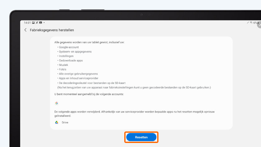 Klik op 'Resetten'.