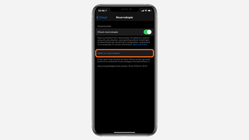 Kies 'Maak nu reservekopie'