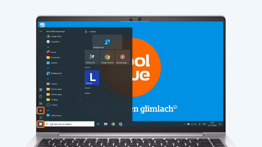 Klik op het Windows logo en dan op 'Instellingen'.