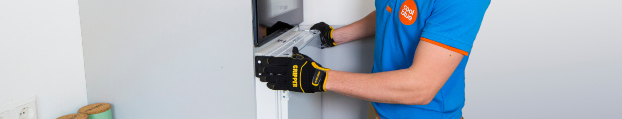 How do you place the front panel on a built-in fridge with a door-on-door system?