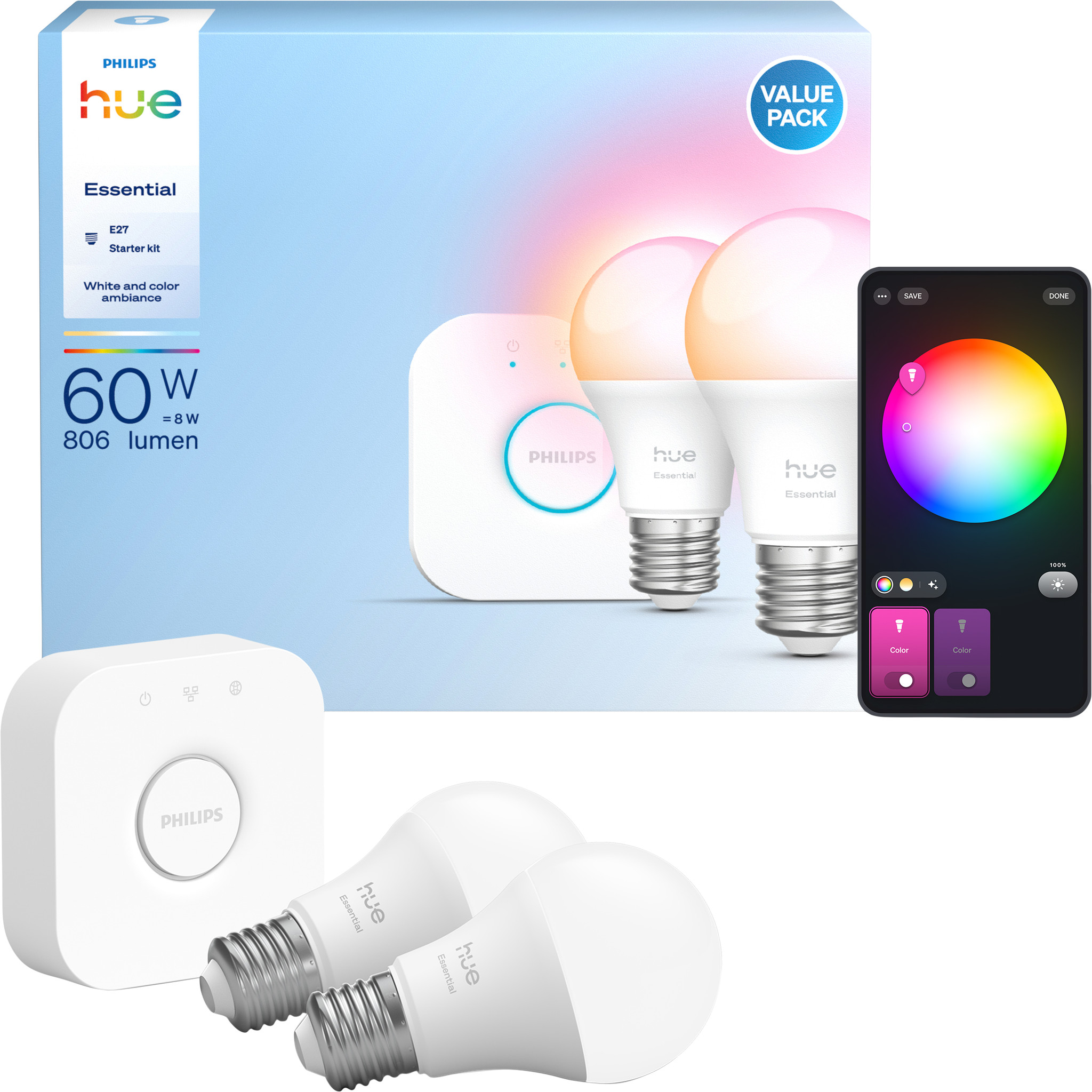 Philips Hue Essential A60 White and Color Starter Pack E27