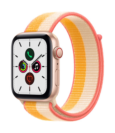Le produit Apple Watch SE 4G 44 mm Aluminium Or Rose Nylon Sport Loop Jaune Indien/Blanc ne sera plus jamais disponible