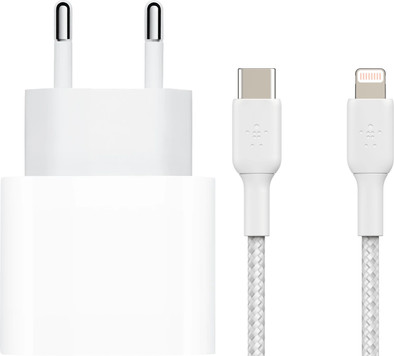 Apple Usb C Oplader 18W + Belkin Lightning Kabel 1m Wit Nylon is nooit meer leverbaar