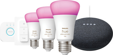 Philips Hue White and Color Starter Pack E27 3-pack + dimmer + Bridge + Google Nest Mini is nooit meer leverbaar