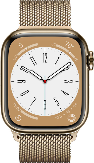 Apple Watch Series 8 4G 45mm Goud Rvs Milanese Polsband is nooit meer leverbaar