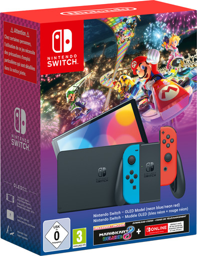Nintendo Switch OLED Rood&#x2F;Blauw + Mario Kart 8 + 3 maanden Nintendo Online is nooit meer leverbaar