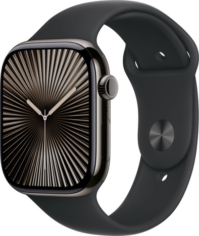 Apple Watch Series 10 4G 46mm Titanium Zwart Sportband S/M is nooit meer leverbaar