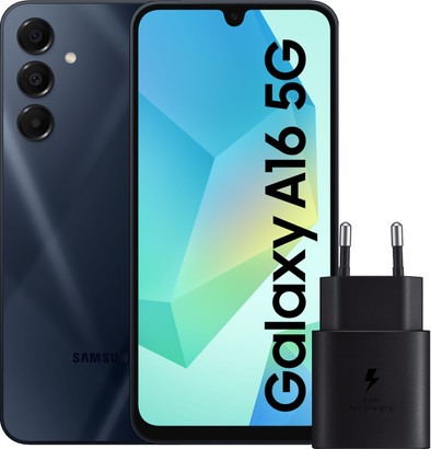 Samsung Galaxy A16 128GB Donkerblauw 5G + Samsung Oplader 25W Zwart is nooit meer leverbaar
