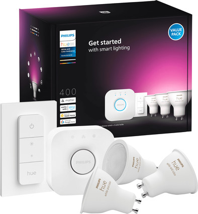 Le produit Philips Hue White and Color GU10 Kit de Démarrage 3 Ampoules + Bridge + Variateur ne sera plus jamais disponible