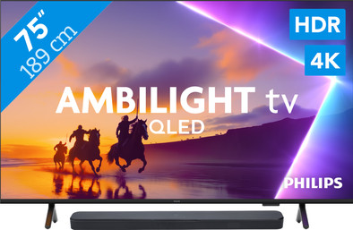 Philips Ambilight 75" PUS8500 QLED 4K (2025) + JBL Bar 300 MK2 Zwart is nooit meer leverbaar