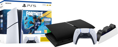 PS5 Slim Disc Edition Fortnite bundel +Covers Zwart + Extra Controller Wit + Oplaadstation is nooit meer leverbaar