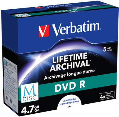 VERBATIM M-DISC DVD+R 4x 4.7GB IJ PRINTABLE 5 PACK JEWEL CASE is nooit meer leverbaar