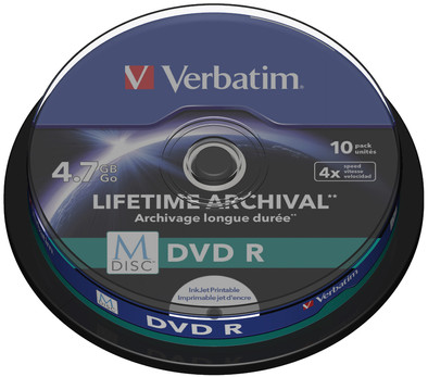VERBATIM M-DISC DVD+R 4x 4.7GB IJ PRINTABLE 10 PACK SP is nooit meer leverbaar