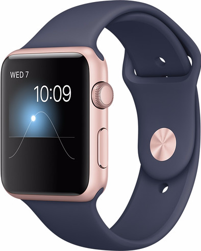 Apple Watch Series 1 42mm Rosegoud Aluminium/Middennachtblauwe Sportband is nooit meer leverbaar