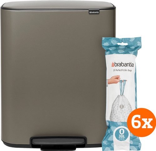 Brabantia Bo Pedal Bin 2 x 30 Litres Platinum + Sacs Poubelle (120 pièces) Main Image