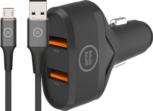 BlueBuilt Quick Charge Autolader 18W Zwart + Micro Usb Kabel 1,5m Nylon Zwart Main Image