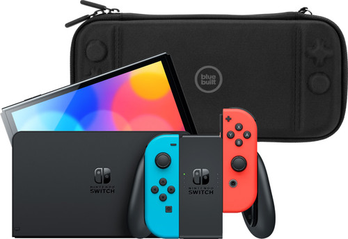 Nintendo Switch OLED Blauw/Rood + BlueBuilt Beschermhoes Main Image