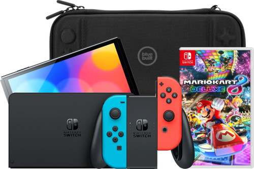 Nintendo Switch OLED Blauw/Rood + Mario Kart 8 Deluxe + BlueBuilt Beschermhoes Main Image