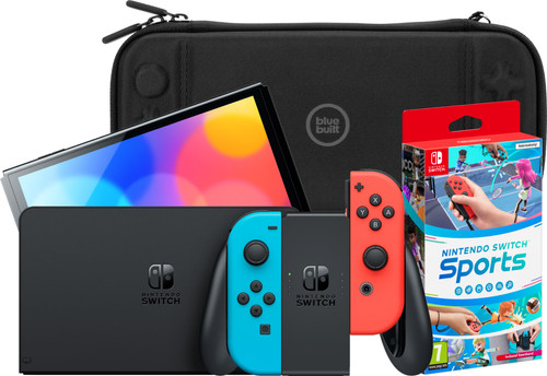 Nintendo Switch OLED Blauw/Rood + Nintendo Switch Sports + BlueBuilt Beschermhoes Main Image