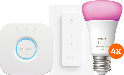 Philips Hue White and Color Starter Pack E27 met 4 lampen, dimmer + bridge Main Image