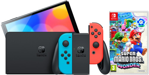 Nintendo Switch OLED Rood/Blauw + Super Mario Bros. Wonder Main Image