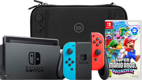 Nintendo Switch Rood/Blauw + Super Mario Bros. Wonder + BlueBuilt Beschermhoes Main Image