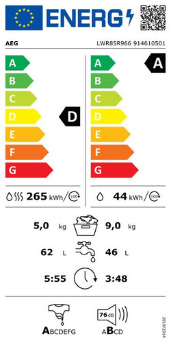 AEG LWR85R966 PowerCare - 9/5kg energy label