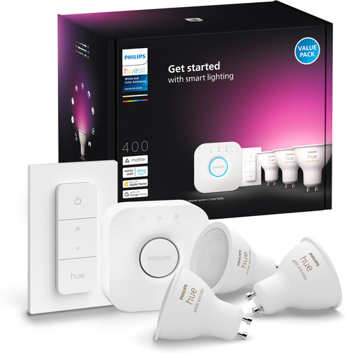 Philips Hue White and Color GU10 Starter Pack - 3 lampen + Bridge + Dimmer Main Image