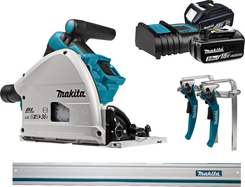 Makita DSP600ZJ + Batterie 3,0 Ah (2x) et Chargeur + Rail de Guidage Main Image