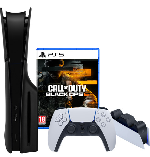 PlayStation 5 Slim Disc Edition + Call of Duty: Black Ops 6 + Covers Zwart + Oplaadstation Main Image