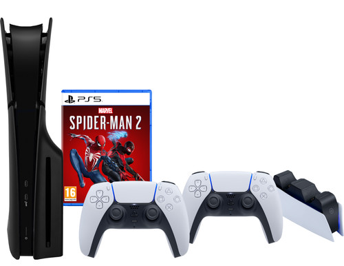 PS5 Slim Disc Edition + Spider-Man 2 + Covers Black + Extra Controller + Charging Dock Main Image