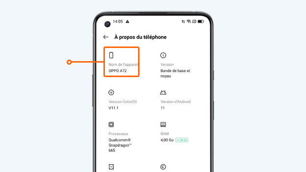 3. Sous Nom de l'appareil, vous trouverez le smartphone OPPO que vous avez.