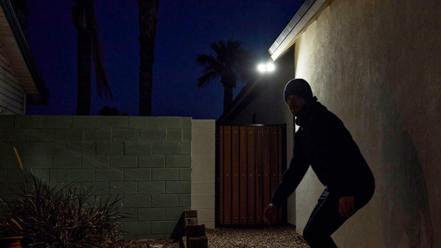 Thief is scared off by spotlight.