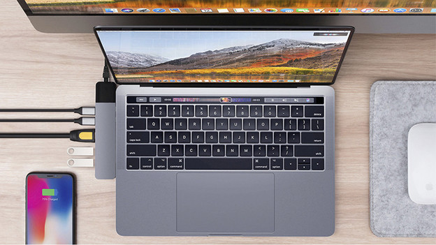 Laptop connected to docking station.