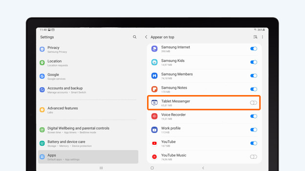 Check the box behind 'Tablet messenger'.
