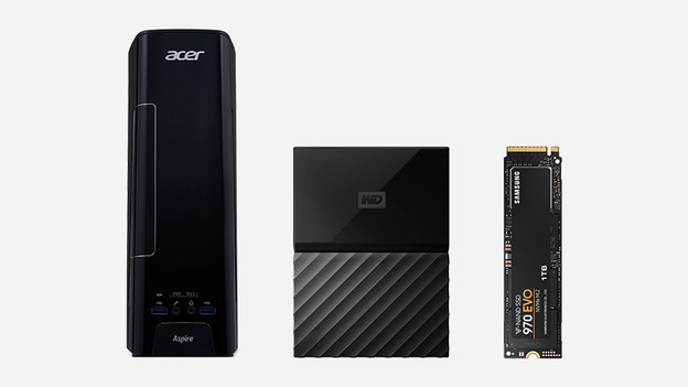 An Acer Aspire desktop, WD hard drive and Samsung SSD.