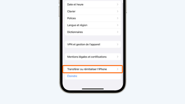 Sélectionnez « Transférer ou réinitialiser l'iPhone ».