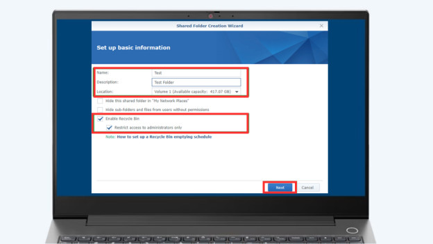 Sélection du volume dans Synology DSM pour l'attribution de votre dossier partagé